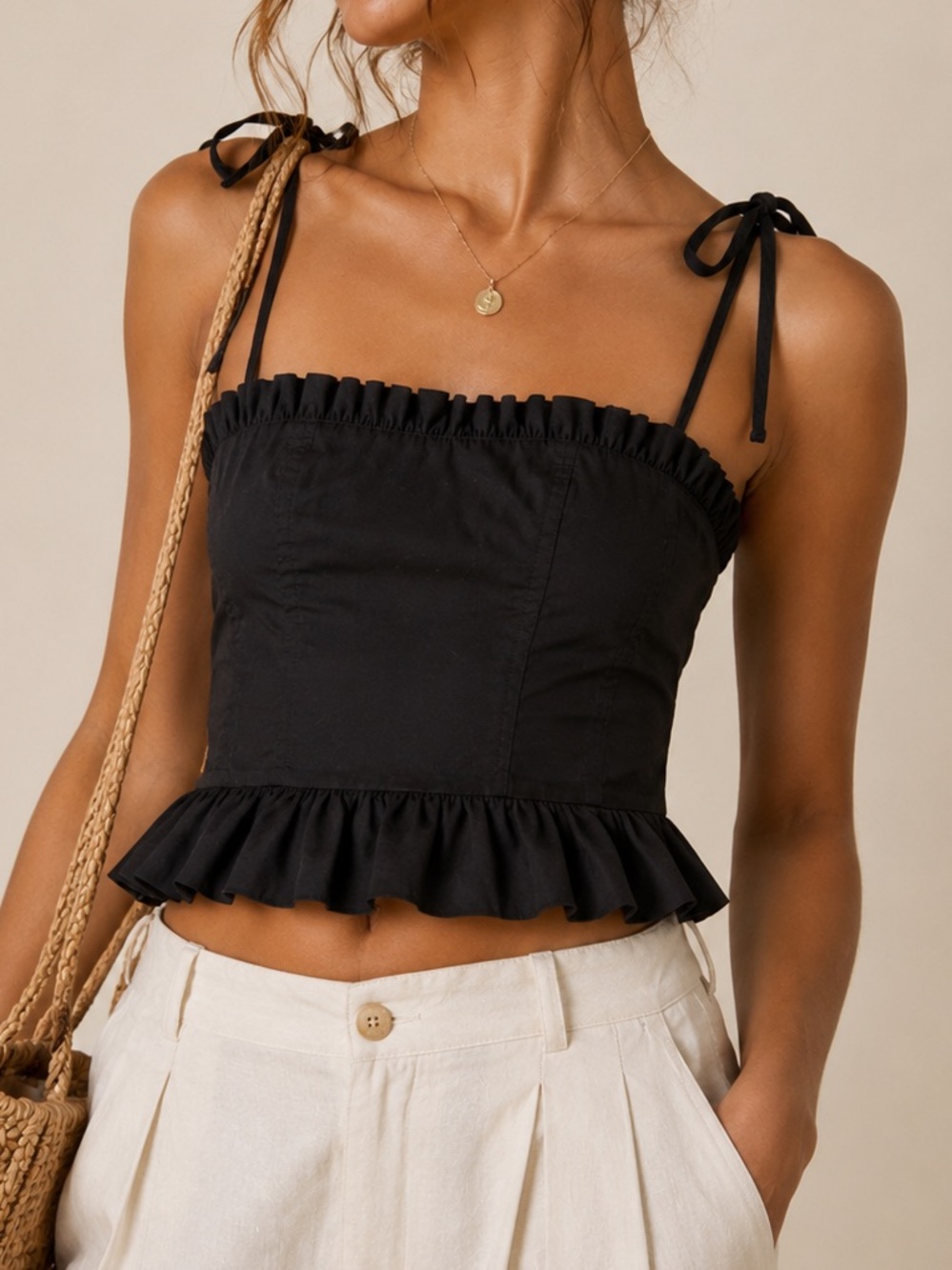 Ulla Johnson Square Neckline Black Ruffle Peplum Tie-Strap Top Size M